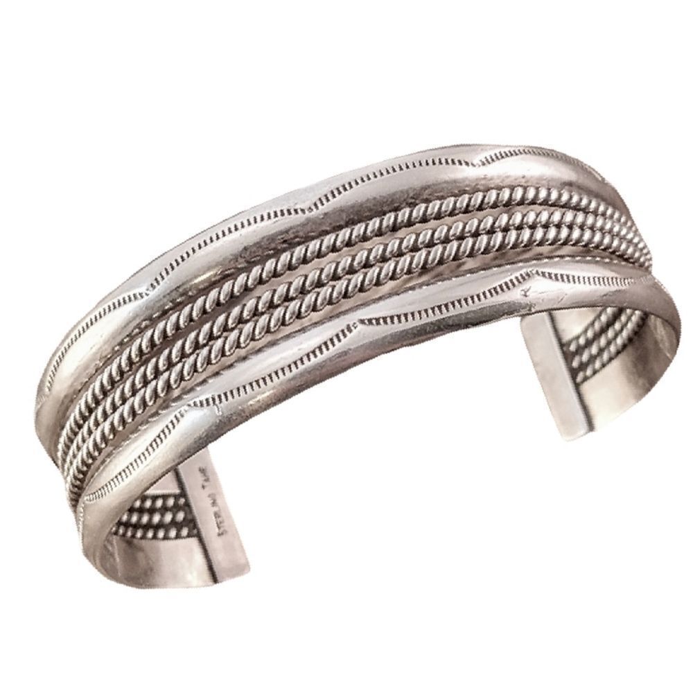 Vintage Sterling Navajo Triple Rope Twist Wide Stamped Cuff Bracelet